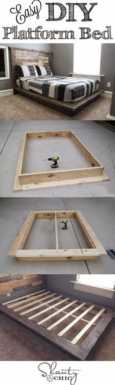 the diy platform bed frame is made out of wood and has been assembled to look like