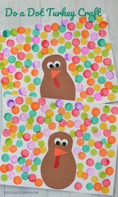 two turkey crafts for kids to make with paper circles and polka dots on the ground