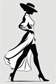 a black and white drawing of a woman in a dress with a hat on her head