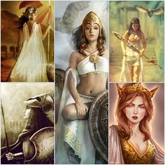 four different pictures of women in ancient costumes