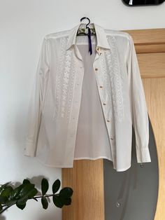 The blouse is in very good condition. Seems, two buttons on the sleeves were replaced. Spring Formal Cotton Blouse, White Cotton Blouse For Formal Occasions, Elegant Cotton Tops With Button Closure, Formal Cotton Top With Buttons, Elegant White Cotton Tops, Elegant Cotton Tops With Button Cuffs, Elegant Cotton Blouse With Button Cuffs, White Cotton Formal Blouse, Formal Cotton Blouse For Summer