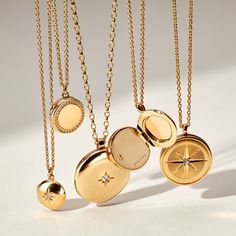 Lockets Necklace, Timeless Gold Necklace, Gold Brass Locket Necklace, Necklace Photo, Personalised Necklace, Compass Locket Necklace, Celestial Locket Necklace For Gifts, Celestial Pendant Locket Jewelry, Luxury Gold Brass Locket Necklace