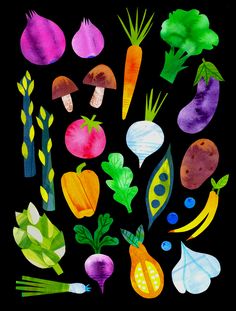 an image of vegetables painted in watercolor on black paper