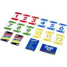 several numbered stickers and numbers on a white surface