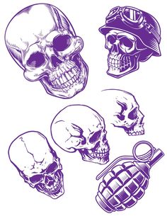 three skulls with helmets on their heads, one is purple and the other has black ink