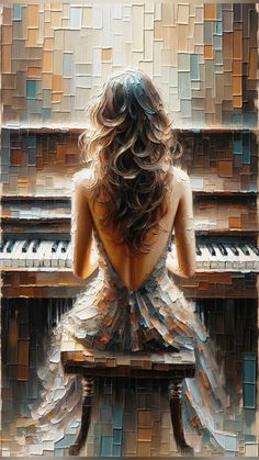 a painting of a woman sitting at a piano with her back turned to the camera