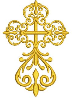 an ornate cross with swirls and scrolls in gold on a white background, embroidery design