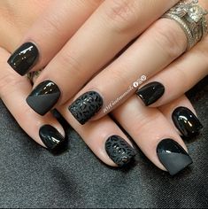 I absolutely love the half matte look over black! #101customnails #nailedyleah #nails #nailart #freehand #naileditdaily #nailsofinstagram #nailartaddict Black Nails With Matte Design, Matte Black Fall Nails, Matte Black Nails With Glossy Design, Half Matte Nails, Black Matte Nails With Design, Natural Gel Nails, Leopard Print Nails, Black Nail Polish