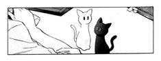 a black and white drawing of two cats sitting on a bed, one staring at the other