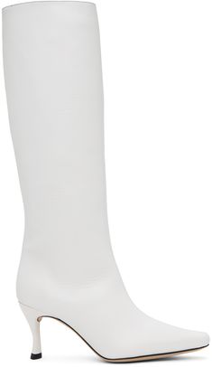 Knee-high grained nappa leather boots in white. · Pointed toe · Padded footbed · Covered spool heel with rubber injection · Leather sole · Heel: H3 in Supplier color: White Spool Heel, Tall Boots, White Shop, Nappa Leather, White Leather, Knee High, Apparel Accessories, Wedding Shoes, Leather Boots