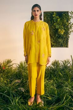 Yellow top with thread embroidery in silk chanderi base. Paired with a cigarette pant and cotton slip. - Aza Fashions Spring Festive Palazzo Set With Set-in Sleeves, Traditional Festive Pant Set With Set-in Sleeves, Festive Silk Sets With Set-in Sleeves, Silk Sets With Set-in Sleeves For Festive Occasions, Festive Palazzo Set With Set-in Sleeves For Eid, Designer Cotton Silk Palazzo Set For Spring, Spring Chanderi Sharara, Spring Designer Cotton Silk Palazzo Set, Festive Silk Palazzo Set With Set-in Sleeves