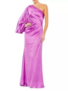 From the Ieena collection. Crafted of soft satin, Mac Duggal's one-shoulder gown features a voluminous bishop sleeve in an elegant floor-length silhouette..One-shoulder.Long bishop sleeve.Back zip closure.100% polyester.Spot clean.Imported.SIZE & FIT.About 61' from shoulder to hem.Model measurements: 5'10' tall.Model is wearing a US size 4.From the Ieena collection. Crafted of soft satin, Mac Duggal's one-shoulder gown features a voluminous bishop sleeve in an elegant floor-length silhouette.One Emerald Dresses, Mac Duggal Dresses, Trumpet Gown, One Shoulder Gown, Column Gown, Satin Gown, Mac Duggal, Bishop Sleeve, Maxi Dress Evening