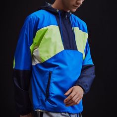 This Colorful Anorak Has Throwback 90s Vibes. Pullover Silhouette With A Half-Zip Placket, Adjustable Hood, Elastic Banding At The Cuffs, And An Adjustable Drawcord At The Hem. Two Zip Pockets In Front. Nylon Poly. Never Worn, No Flaws. Casual Patchwork Track Jacket For Outdoor, Casual Patchwork Windbreaker For Outdoor Activities, Casual Patchwork Windbreaker For Outdoor, Outerwear With Contrast Color For Spring Outdoor, Contrast Color Outerwear For Outdoor Spring Activities, Contrast Color Outerwear For Outdoor In Spring, Casual Winter Windbreaker With Color Block, Blue Nylon Techwear Outerwear, Casual Color Block Windbreaker For Winter