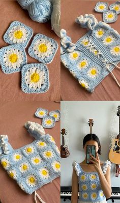 crocheted baby clothes are being displayed on a bed and in front of the camera