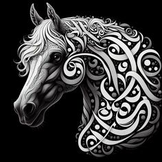 a black and white drawing of a horse's head with intricate designs on it