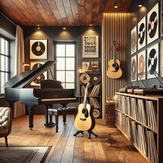 a living room filled with furniture and musical instruments