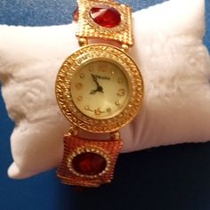 This Is A Beautiful Red & Gold Stretch Bracelet Watch. Elegant Red Watch As Gift, Elegant Red Watch For Gift, Red Formal Bracelet Jewelry, Formal Red Metal Bracelets, Charm Bracelet Watch, Gold Stretch Bracelet, Cameo Bracelet, Bangle Watches, Cuff Watch