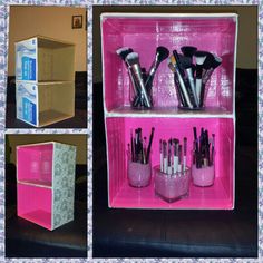 three pictures of different types of makeup brushes in pink storage boxes on a black table