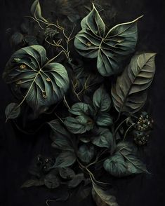 a painting of green leaves on a black background