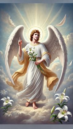 an angel with white wings holding flowers in his hand