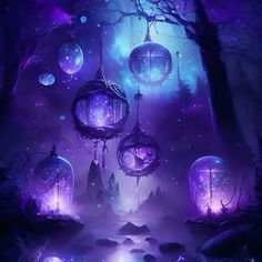 an image of a fantasy scene with lanterns hanging from the trees and lights in the sky