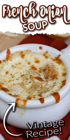 the recipe for french onion soup is in a white bowl