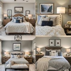 four different pictures of a bedroom with gray walls