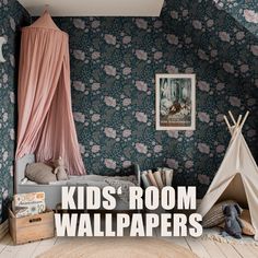 kids'room wallpapers with pink and blue flowers on the walls next to a teepee tent