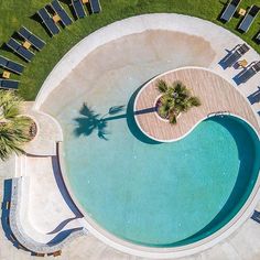 an aerial view of a swimming pool with lounge chairs and palm trees in the background