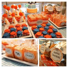 an orange and blue dessert table with cupcakes, candy bars, and cake cones