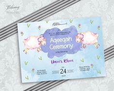 a purple and blue watercolor sheep birthday party card with the words agegah ceremony on it