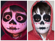 two pictures of people with face paint and one is wearing a skeleton mask, the other has a red hoodie