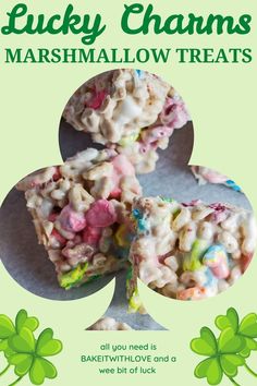 A light green background with a cut out of a three-leaf clover. Inside the clover is an image of chewy Lucky Charms marshmallow bars. Cereal Treat Recipes, Lucky Charms Treats, Yummy Dessert Recipes, Lucky Charms Marshmallows, Lucky Charms Cereal, Chocolate Lemon, St Patrick's Day Recipes, Krispie Treats Recipe, Marshmallow Treats