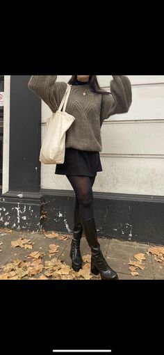 Black Skirt Knitted Sweater, Knitted Sweater Outfits Aesthetic, Knit Sweater With Skirt Outfit, Cable Knit Sweater And Skirt Outfit, Autumn Skirt Outfit Aesthetic, How To Style Black Skirt Winter, Black Skirt Jumper Outfit, Dress With Sweater Over It Aesthetic, Winter Acedamia Outfits