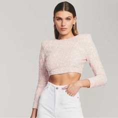 Sparkly Long Sleeve - Makeup Stain On Inside But Has Been Dry Cleaned Feminine Long Sleeve Crop Top For Party, Feminine Cropped Tops For Evening, Elegant Pink Tops For Party Season, Elegant Pink Crop Top For Night Out, Pink Cropped Top For Evening, Elegant Pink Crop Top For Evening, Elegant Pink Evening Crop Top, Elegant Long Sleeve Pink Crop Top, Elegant Long Sleeve Sequined Crop Top