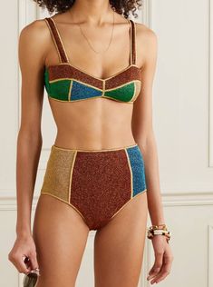 Oséree Color-Block Stretch-Lurex Bikini Swimsuits Outfits, High Waisted Briefs, Swimsuit Design, Beach Collection, Summer Swim Suits, Matches Fashion, Vogue Fashion, Net A Porter, Book 1