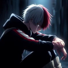 an anime character with red hair sitting on the ground in front of a dark background