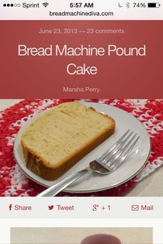 bread machine pound cake on a plate with fork and knife