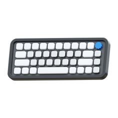 a black and white computer keyboard on a white surface with blue buttons in the middle