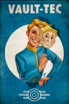 a man holding a doll in front of a blue background with the words vault - tec on it