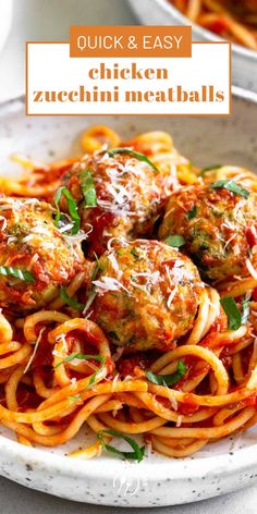 a white plate topped with spaghetti and meatballs