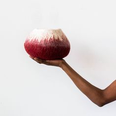 a hand holding a red and white object in it's right hand, against a white background