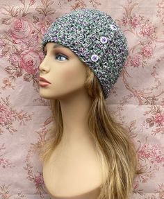 "Ready to ship 🌻This women's cloche style hat was hand crocheted in super soft 100% cotton.  It feels soft, just like your favorite t-shirt!  It is a beautiful mixture of purple, green and white. It is adorned with wood buttons.  🌻This hat has a lot of style and texture.  It measures 20\" in circumference and stretches to 23\" comfortably.  Machine wash cold on gentle cycle, air dry.  🌻I make my hats deeper than most, because of this they are perfect for women undergoing chemotherapy. They will cover your head well, and stay on. There are no irritating seams inside, and the yarn is soft." Cotton Beanie, Chemo Hat, Wood Buttons, Blue Hat, Skull Cap Beanie, Beautiful Hats, Custom Hats, Purple Green, Hand Crochet