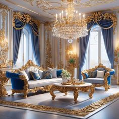 a fancy living room with blue and gold furniture, chandelier and curtains on the windows