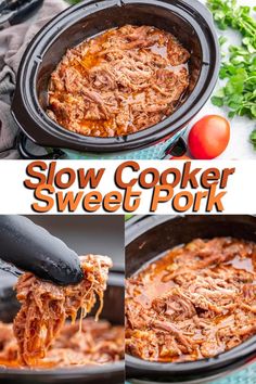 Top Image - Sweet Pork in Slow Cooker. Bottom Left - Tongs picking up pork. Bottom right - Sweet pork in slow cooker from above. Pork Crockpot, The Stay At Home Chef, Pork Crockpot Recipes, Slow Cooker Recipes Pork, Hispanic Recipes, Pork Entrees, Stay At Home Chef, Crockpot Ideas