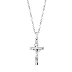 Children's sterling silver crucifix cross pendant 15 inch sterling silver cable chain Sterling Silver Crucifix Cross Necklace With Adjustable Chain, White Gold Cross Necklace With Adjustable Chain, Sterling Silver Crucifix Cross Necklace In White Gold, Sterling Silver White Gold Cross Necklace With Adjustable Chain, White Gold Sterling Silver Crucifix Necklace, White Gold Sterling Silver Cross Necklace With Adjustable Chain, Silver Crucifix Necklace With Polished Finish, Sterling Silver Crucifix Necklace With Silver Chain, Sterling Silver Crucifix Necklace With Polished Finish