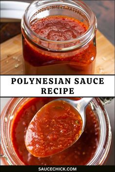 two images showing how to make polynesian sauce in a jar and spoon with the same recipe