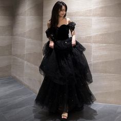 Ruffled black tulle long prom dress off shoulder mby056. Click to shop now. Free stable shipping world-wide! Md Dresses, Black Scene, Bday Dress, Black Evening Dress, Prom Dresses Black, Black Evening Gown, Guitar Obsession, Tulle Material, Princess Sleeves