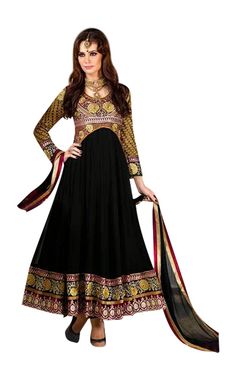 Be ready for a lot of complements in this stunning long frock style Anarkali Suit. It is designed using Golden-Red and Black & Gold Faux Georgette. This lovely readymade dress is embellished with lovely Golden and red lace and Resham Patch Work with Stone Work. The outfit comes matching churidar pant and dupatta.    Available in medium size only. Traditional Black Gown With Dabka Work, Traditional Semi-stitched Maxi Dress With Dabka Work, Traditional Diwali Maxi Dress With Dabka Work, Black Anarkali Gown With Dabka Work, Traditional Maxi Dress With Dabka Work For Diwali, Black Bollywood Gown With Long Sleeves, Black Bollywood Long Sleeve Gown, Black Embroidered Semi-stitched Gown, Black Long Gown For Festive Occasions