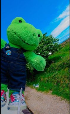 a green stuffed animal sitting on top of a skateboard in front of a blue sky